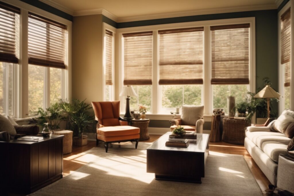 Sunlit living room in Long Island home with tinted windows