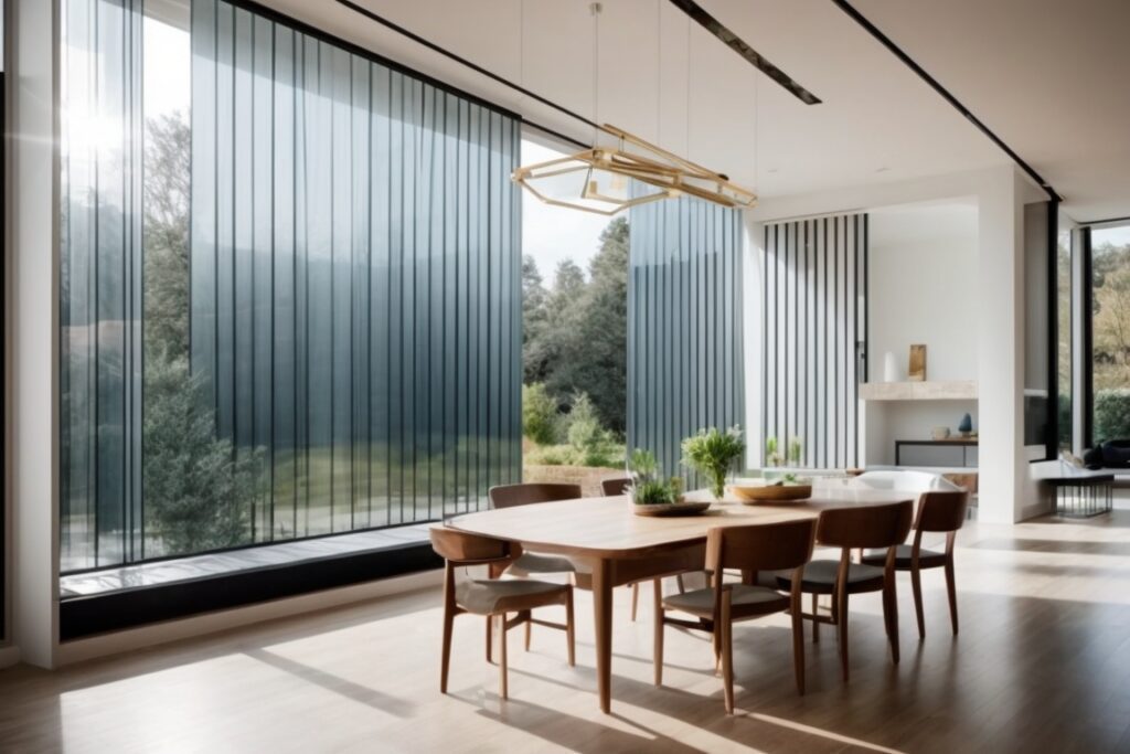 Energy saving window film installation in a modern home interior