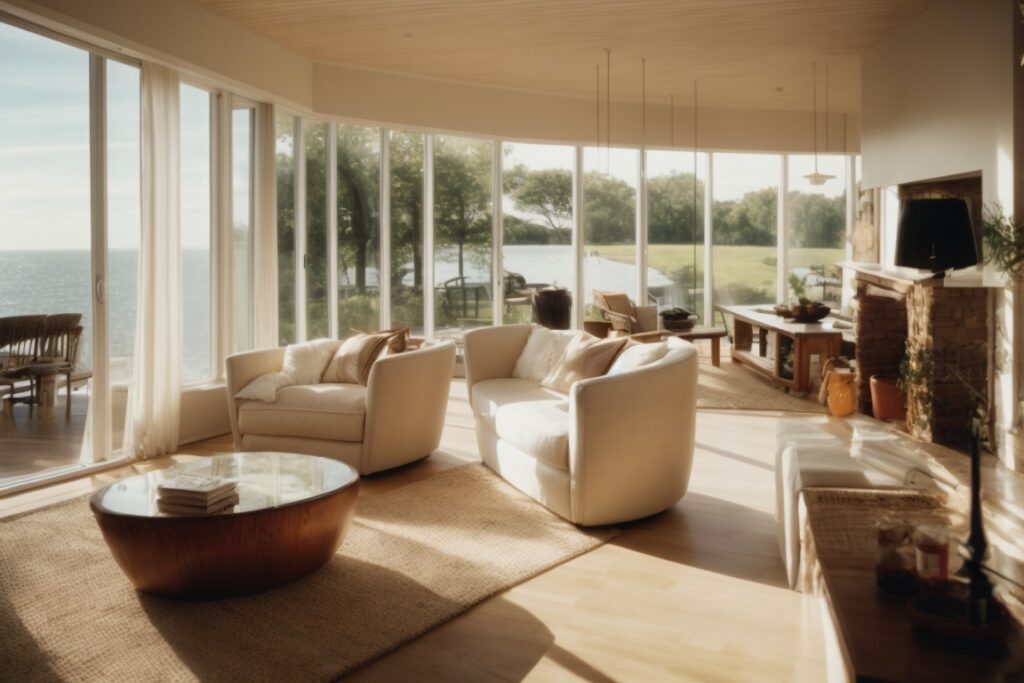 Interior of a Long Island home with visible window film, reflecting sunlight