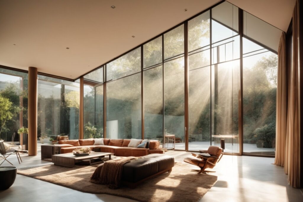 Interior of a home with sunlight filtering through UV protection window film on windows