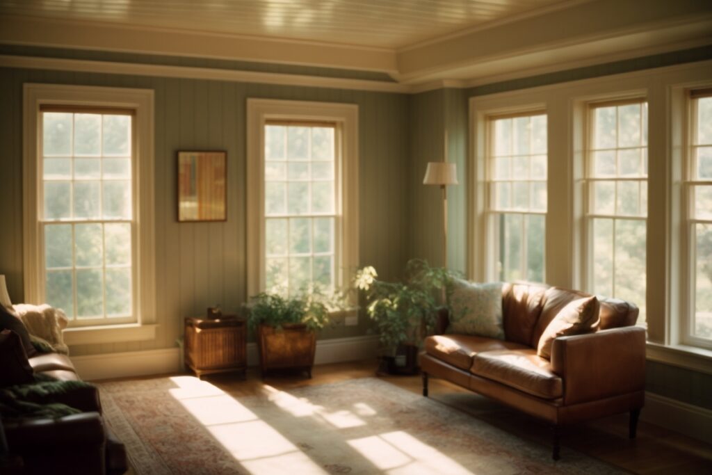 Sunlight streaming through tinted windows of a cozy Long Island home