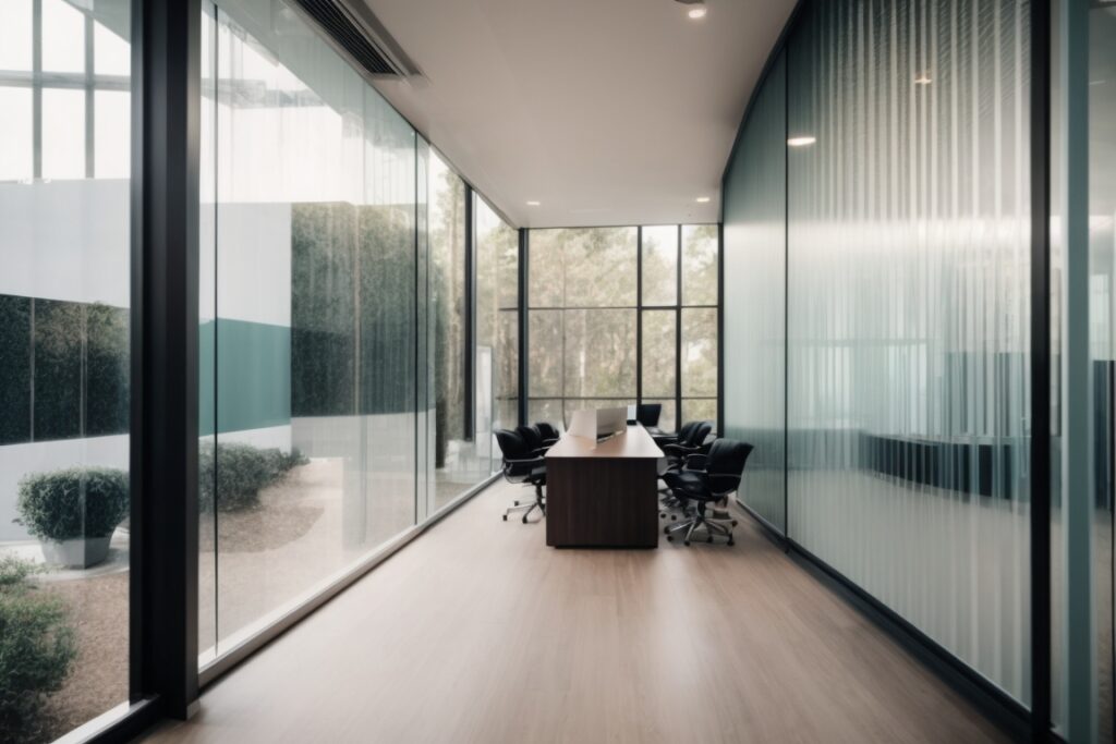 modern office with decorative window film, reflective of brand identity