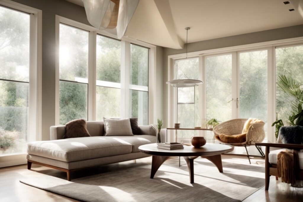 Modern home interior with UV blocking window film, sun shining through, showing protected furniture