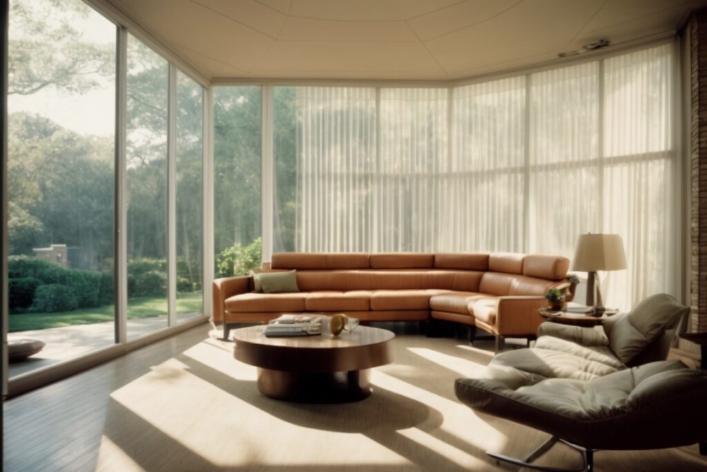 Interior of a Long Island home with opaque window films, sunlight filtered through