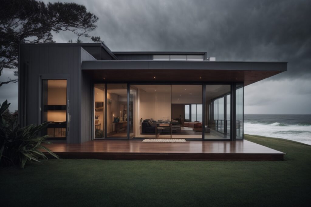 Coastal home with energy efficient window film during storm