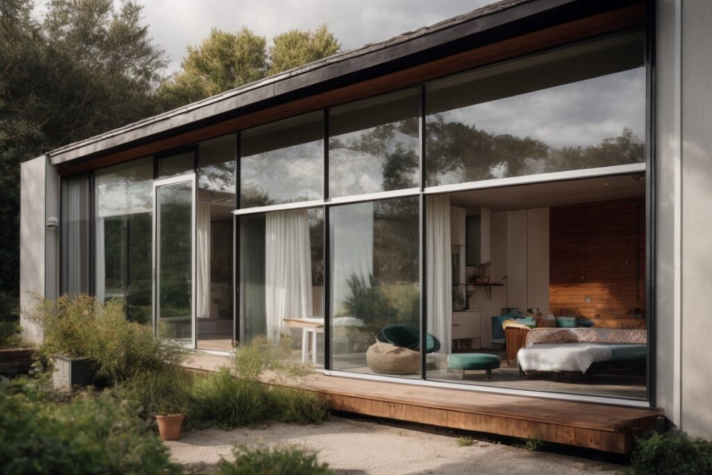home with opaque windows showing energy efficiency and privacy