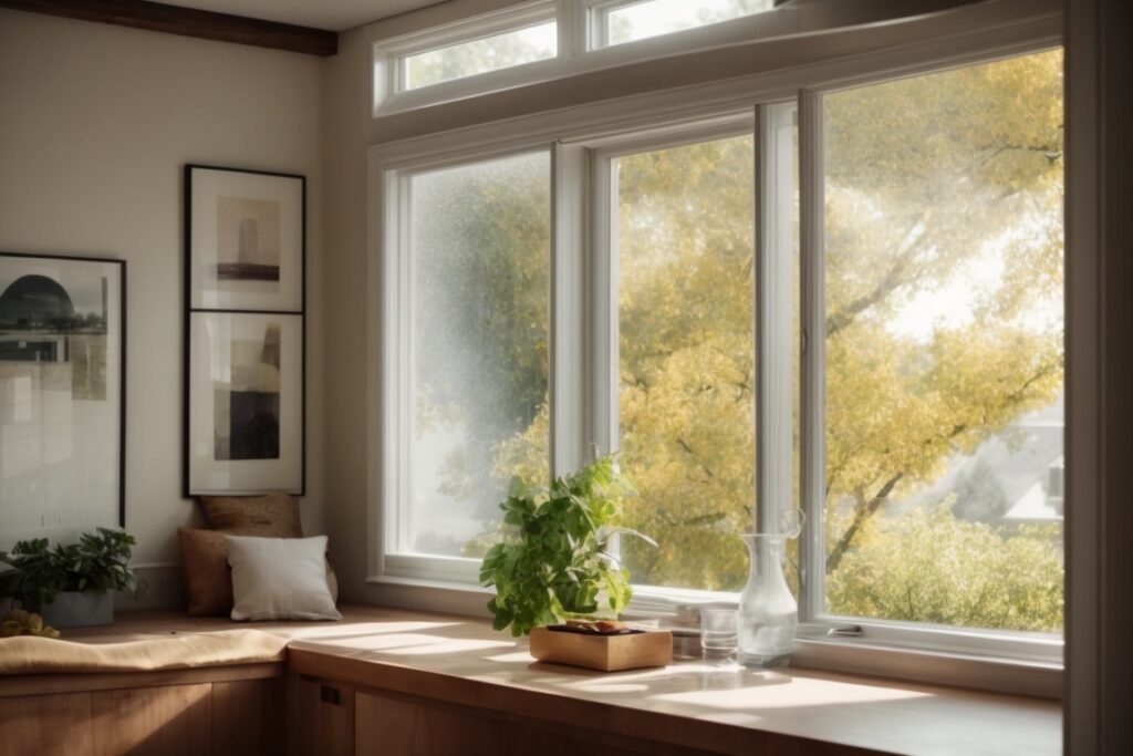 Sun control window film installation at cozy home interior