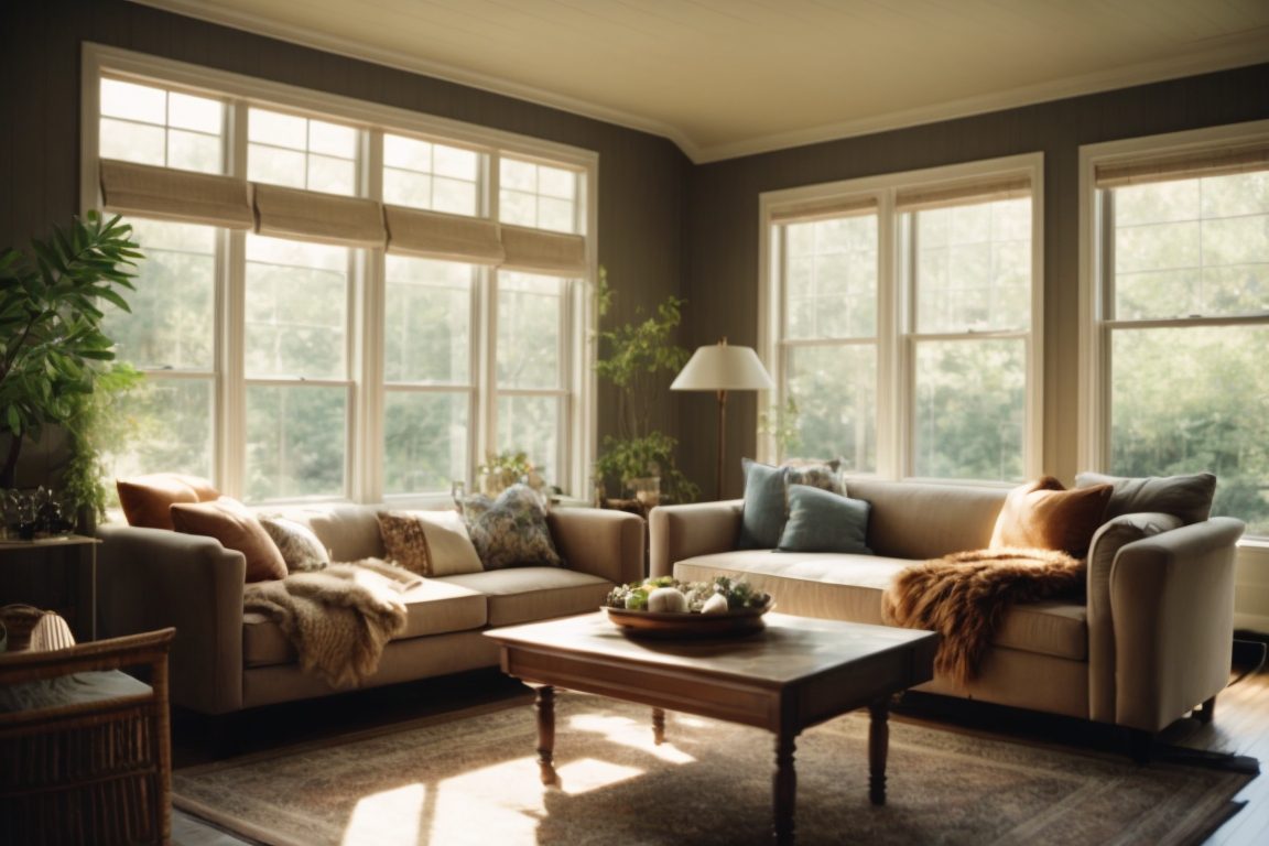Interior of a cozy living room in Long Island with tinted windows, soft sunlight diffusing through, and comfortable furnishings