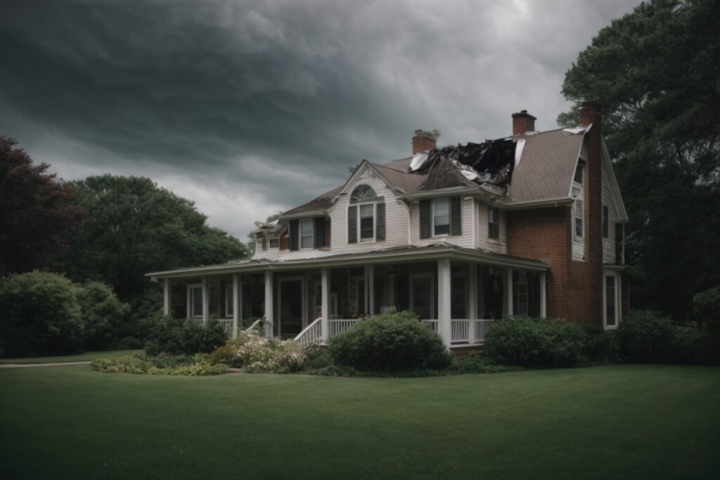 Long Island home with broken windows and stormy skies