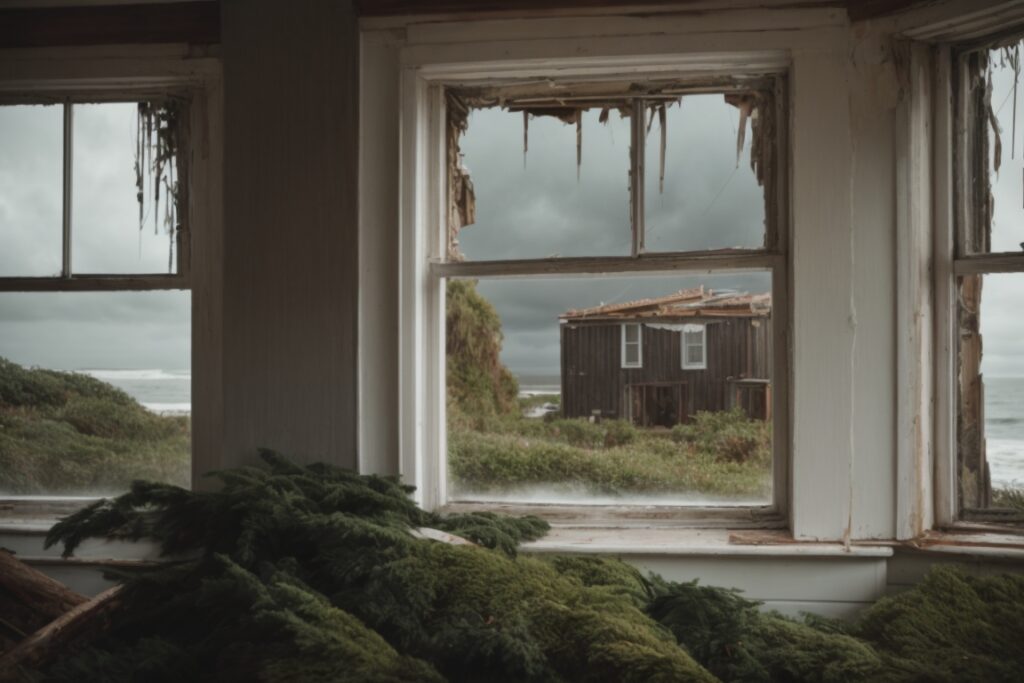 coastal home with broken windows and storm damage