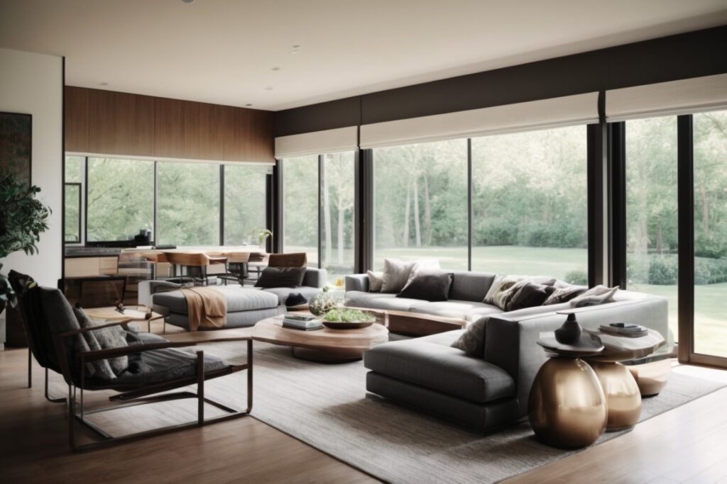 Modern Long Island home interior with sleek window tints, contemporary furniture, and natural lighting