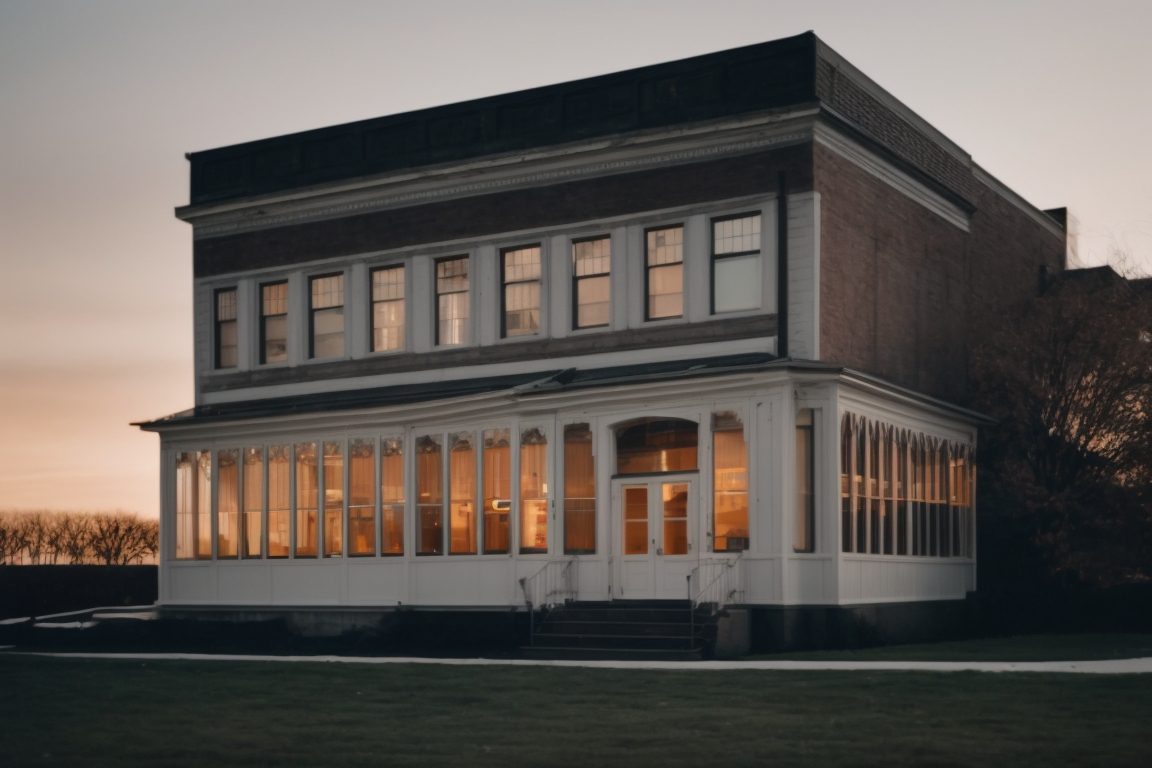 Historic Long Island building with modern window tinting