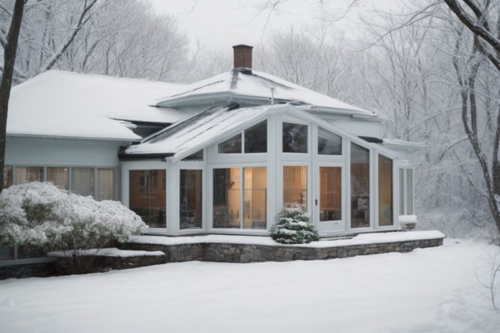 Long Island home with opaque insulating window film, winter scene