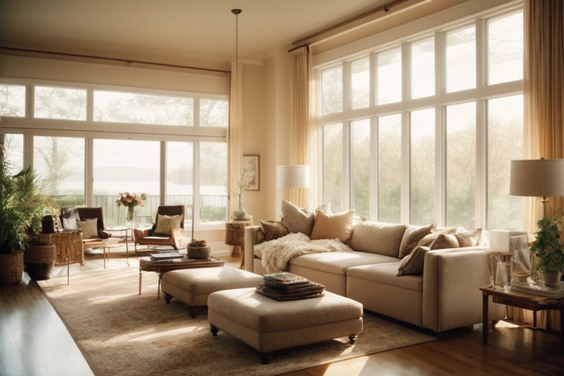 Interior of Long Island home lit with soft, comfortable light through glare window film