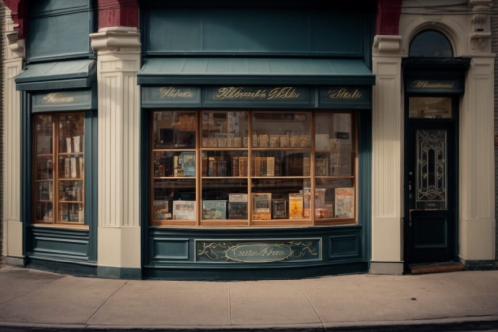 Long Island shop front, vibrant decorative window film, bustling street