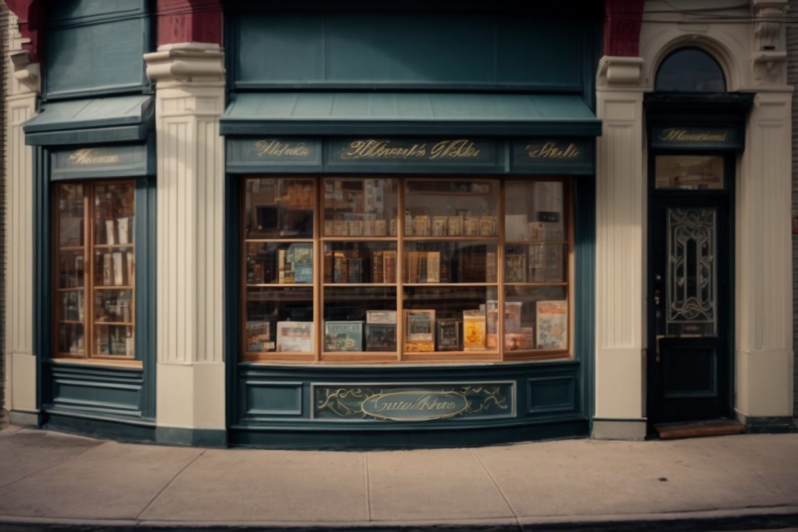 Long Island shop front, vibrant decorative window film, bustling street